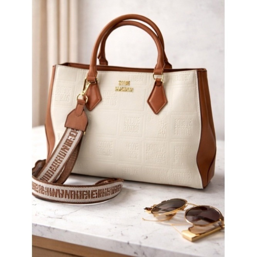 STEVE MADDEN Mickey XL Satchel Crossbody Bag Bone Brown Logo Strap NWT